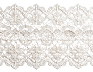 Delicate white lace fabric featuring scalloped edges, presenting soft texture and elegant design against transparent background, ideal for wedding-related creative work 