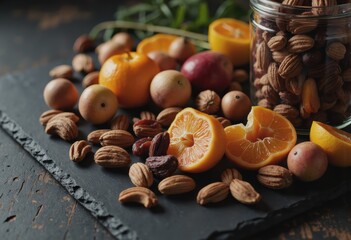 Seasonal health and wellness materials featuring fresh fruits and nuts