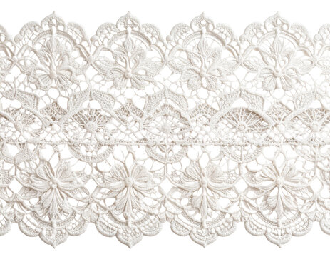 Delicate white lace fabric featuring scalloped edges, presenting soft texture and elegant design against transparent background, ideal for wedding-related creative work 