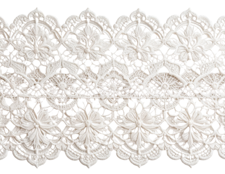 Delicate white lace fabric featuring scalloped edges, presenting soft texture and elegant design against transparent background, ideal for wedding-related creative work 