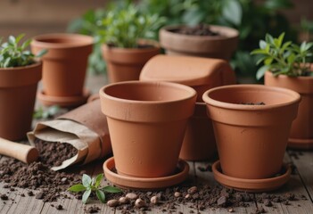 Seasonal garden planning materials with terracotta pots and soil