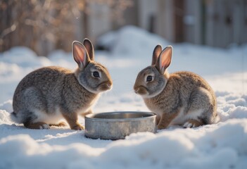 Fototapeta premium Two rabbits at a winter wildlife feeding station in the snow