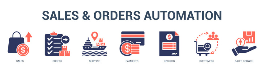 Fototapeta premium Sales and Orders Automation Modern and clean web banner illustration featuring thematic icons for visual communication