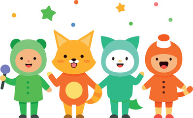 Cartoon illustration featuring four happy children possibly with a cat in a colorful and playful design for various