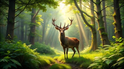 A striking silhouette of a wild deer with magnificent antlers stands isolated in the forest, embodying the essence of nature and wildlife