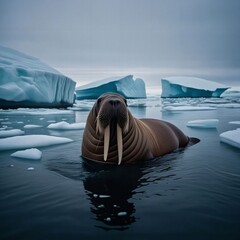 A male walrus resting on an ice floe in the Arctic tundra with cold water and icebergs around. Dangerous wild animal. Generative AI