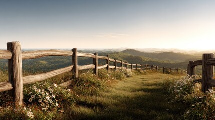 Wooden fence atop a hill, wildflowers, sunrise