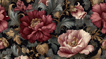 Richly detailed vintage floral pattern with deep red and pink peonies
