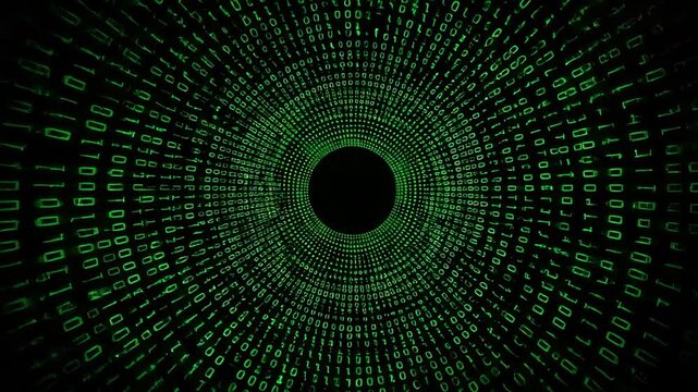 Green binary digits forming a swirling tunnel pattern on a black background, representing digital data flow or cyber network concepts