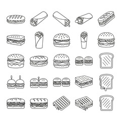 Collection of line art illustrations depicting various sandwiches, burgers, and wraps.