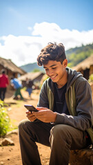Obraz premium Play to earn: Teenager village smartphone token earn with happy expression. Digital work, opportunity and hope shown in his eyes as he connects to world