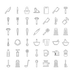 A collection of thin line icons representing various kitchen utensils, cooking tools, and culinary equipment.