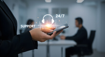 Customer support and service concept with phone icon for call center helpdesk and technical assistance in modern business