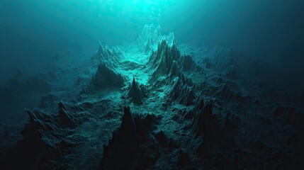 Underwater canyon with cascading blue layers creating a liquid avalanche visible through sonar-like ripples.