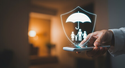 Family life insurance and protection concept with shield and umbrella icon for health security and financial risk management