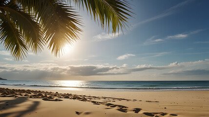 Tropical Beach Sunrise with Palm Tree Shadows on Sandy Shore