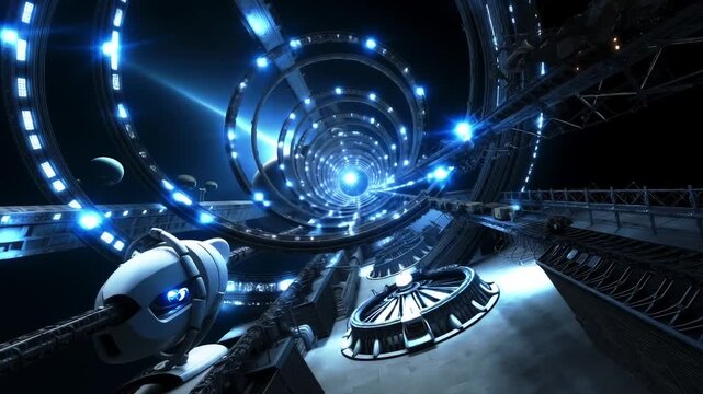 A futuristic space station with a lot of lights inside of it