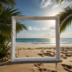 Tropical Beach Frame View with Palm Trees and Sunny Sky