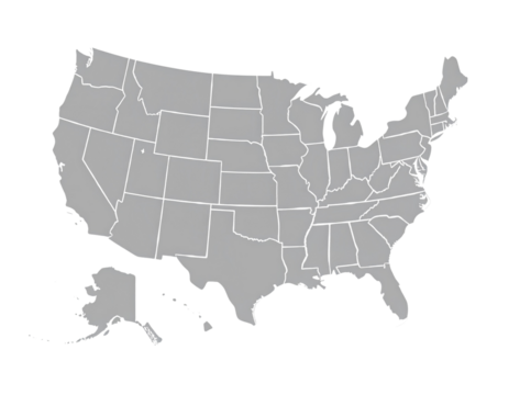 A simple, gray outline map depicting the United States of America, showing each state.