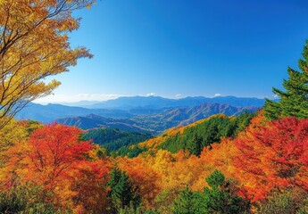 Fototapeta premium Vibrant Autumn Landscape: A Breathtaking View of Colorful Foliage in the Mountains Under a Clear Blue Sky