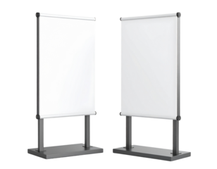 3D Realistic floor standing display mockup with metal base and leather. Blank portable vertical info white placard sign holder stand for presentation poster, banner, ads, products or exhibition info