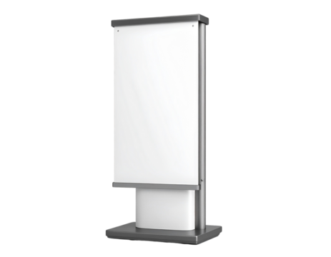 3D Realistic floor standing display mockup with metal base and leather. Blank portable vertical info white placard sign holder stand for presentation poster, banner, ads, products or exhibition info