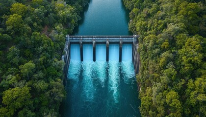 Aerial View of a Hydro Electric Dam Surrounded by Lush Green Forests and Flowing Water Representing Renewable Energy Generation