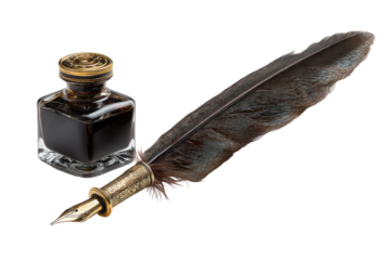 Dark inkwell and quill pen.  Close-up of a small, square, dark-brown inkwell next to a long, dark-brown quill feather pen with a brass nib