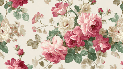 Vintage floral pattern with pink and cream roses and green leaves