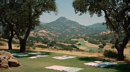 Picnic blankets on grassy hill overlooking valley and mountains
