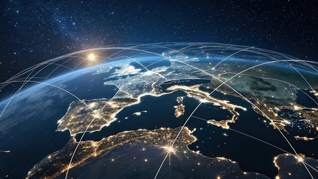 Global communication network over Europe at night, viewed from space.