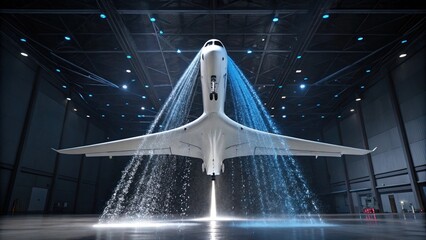 Futuristic supersonic jet in a hangar with glowing blue water flowing over it, symbolizing advanced aerodynamics or testing.