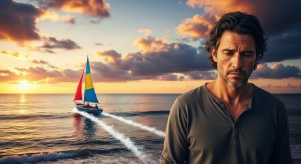 Sad depressed man missing the boat, didn't get on in time, literal idiom, visual pun