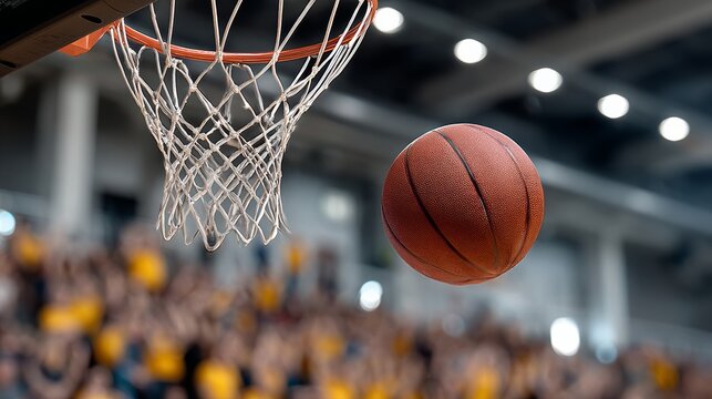 Basketball is in the air, about to go through a hoop. The crowd is watching the game intently