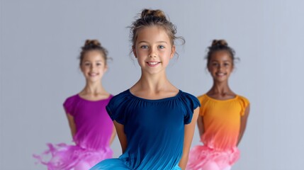 Three young girls are wearing colorful outfits and posing for a picture. The girls are smiling and seem to be enjoying themselves. The outfits are bright and cheerful, which gives the image a happy
