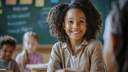 A young girl with curly hair smiling in a classroom with other children.