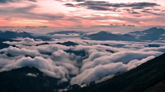 Aerial panorama of a vibrant sunrise over the mountains, with clouds and the blue sky stretching to the horizonAerial panorama of a vibrant sunrise over the mountains, with clouds and the blue sky str