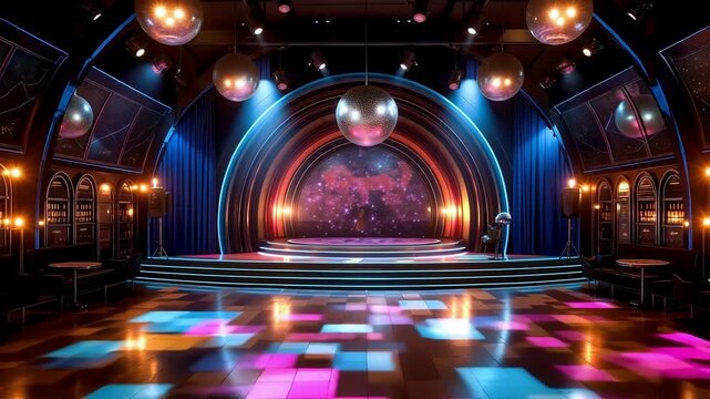 A dimly lit dance floor in a nightclub with disco balls hanging from the ceiling