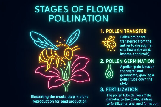 Flower Pollination Stages with Insect and Wind Pollination Processes for Botany and Ecological Studies