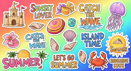 Vibrant sticker collection conveying the joyful essence of summer vacations and beach adventures