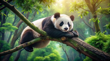 A cute giant panda, a rare and endangered black and white bear from China, is eating bamboo leaves in the wild
