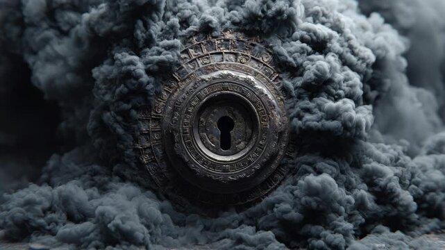 Close-up of an ancient circular metal keyhole enveloped in thick swirling smoke, realistic style, on a dark background, symbolizing mystery