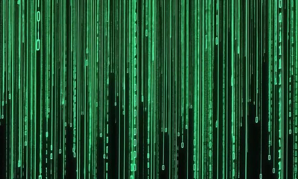 A digital rain of green binary code falling down on a black background with glowing neon effect