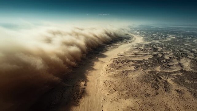 An aerial perspective of a fierce windstorm in the desert with turbulent winds picking up fine microplastic dust and distributing it across vast sandy vistas. The image captures the
