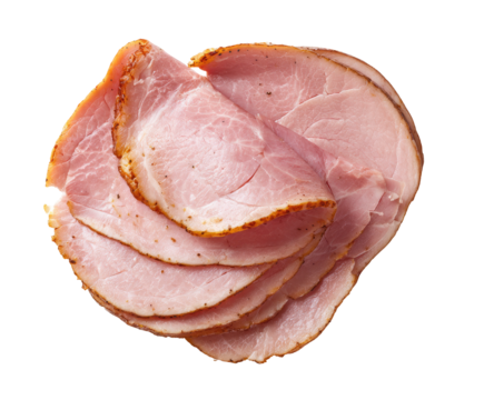 Sliced ham, a circular arrangement of thinly sliced, cured pork.  The slices show a light browning and have a slightly uneven texture