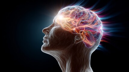 Brain with a glowing aura surrounding it. The brain is surrounded by a colorful, swirling pattern that gives the impression of energy and creativity. Concept of inspiration and the power of the mind
