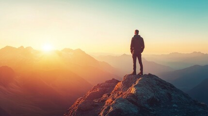 A man standing on a rocky peak overlooking a mountain range at sunset. The scene conveys a sense of adventure and contemplation.