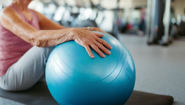 Senior woman seated on gym mat with hand on fitness ball, close-up from behind - wellness and rehabilitation concept