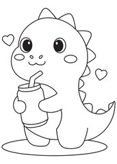 Coloring book dragon drinking from a cup with popcorn.