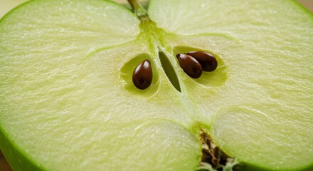 Close-up of a sliced apple showing seeds and texture, macro style